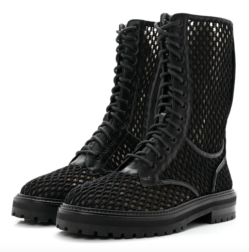 New Jimmy Choo Woven Mesh Calfskin Combat Boots Black 36.5 Lace Up Lug Sole